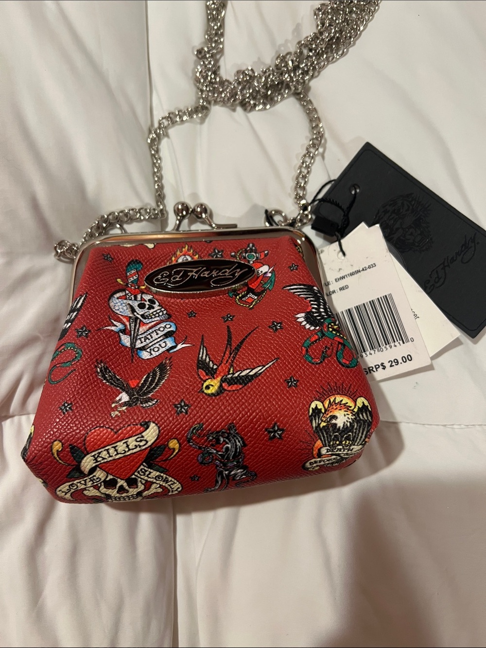 Ed Hardy Red Tattoo-Print Chain Crossbody Bag